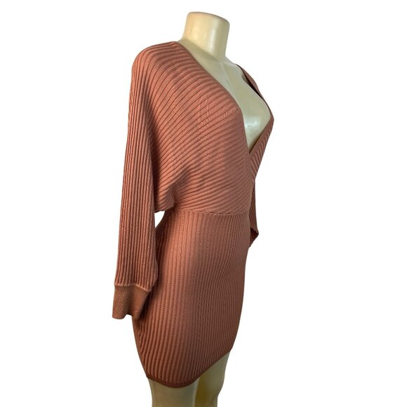 Love Tree Women's Salmon Ribbed Knit Bodycon Mini Dress With Dolman Sleeves Sz S - Picture 2 of 8